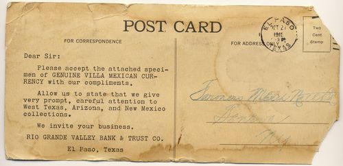 Advert postcard Rio Grande Valley Bank reverse