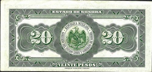 Estado de Sonora 20 L 14793 reverse