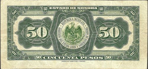 Estado de Sonora 50 L 25196 reverse